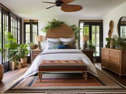 Bohemian bedroom captivates with its eclectic mix of global artisan textiles, handwoven rugs, and an abundance of lush greenery, offering an effortlessly chic, relaxed atmosphere.  