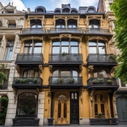 art nouveau townhouses, with intricate ironwork, line the charming streets of brussels, belgium. 