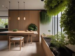 The garden room showcases Japandi interior design with a blend of natural elements, minimalist decor, and tranquil colors that bring a sense of harmony to indoor gardening.  