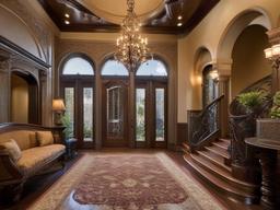 The foyer features Italian Renaissance interior design with grand arches, rich textures, and ornate decor that invites guests into a stunning and elegant home.  