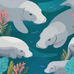 Manatee Family Gathering Clip Art - A family of manatees peacefully gathering,  color vector clipart, minimal style