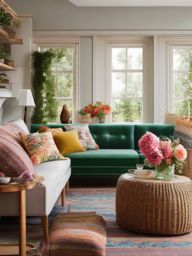 Cottagecore Cozy Corner - Design a cozy cottagecore living room with floral patterns. , living room decor ideas, multicoloured, photo realistic, hyper detail, high resolution,