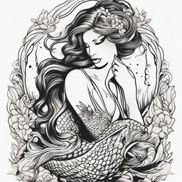 American Traditional Tattoo Mermaid - Embrace classic American traditional style with a tattoo featuring a mermaid.  simple vector color tattoo,minimal,white background