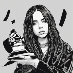 drawing of Billie Eilish holding a Grammy Award  minimal rough sketch scribbles,doodles,black and white