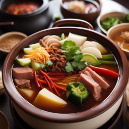 szechuan hot pot - a bubbling cauldron of spicy broth filled with an assortment of meats and veggies. 