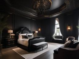 The master bedroom embraces Gothic interior design with a grand bed, richly textured fabrics, and dramatic wall art that creates a romantic and immersive atmosphere for rest.  