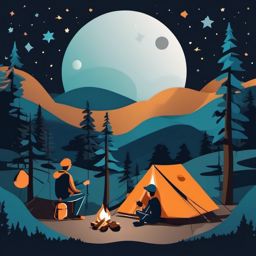 Camping Under the Stars and Moon Clipart - Campers under a starry night sky and moon.  color vector clipart, minimal style