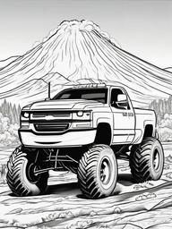 Monster Truck with Volcano Eruption Background Coloring Pages - Trucks in Explosive Scenarios  minimal black outline printable sheet, coloring page