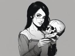 drawing of Wednesday holding a skull  minimal rough sketch scribbles,doodles,black and white