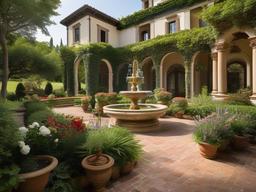 In the garden, Italian Renaissance interior design highlights classical landscaping, ornate fountains, and rich floral arrangements that create a stunning outdoor retreat for relaxation and enjoyment.  