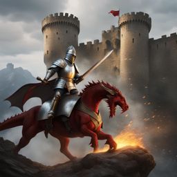 stalwart knight defending a medieval castle from an attacking dragon. 