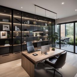 contemporary home office with an open layout and glass partitions. 