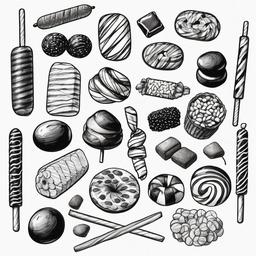 drawing of a candy assortment  minimal rough sketch scribbles,doodles,black and white