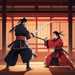 Skilled samurai, in a traditional Japanese dojo, engaging in a fierce sword duel with a formidable opponent.  front facing ,centered portrait shot, cute anime color style, pfp, full face visible