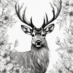 drawing of a deer with flowers  minimal rough sketch scribbles,doodles,black and white