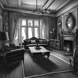 haunted living room draw in pencil style