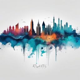 Atlantis skyline ink. City beneath the sea.  color tattoo minimalist white background