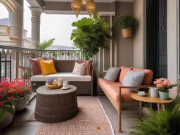 The balcony showcases vintage interior design with comfortable seating, floral cushions, and charming decor that creates a perfect space for relaxation and enjoyment.  