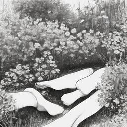 drawing of feet in a garden  minimal rough sketch scribbles,doodles,black and white