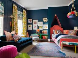 In the kids' room, maximalist interior design showcases bright colors, whimsical decor, and a variety of playful furnishings that inspire creativity and imaginative play.  