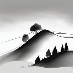 drawing of a hill with trees  minimal rough sketch scribbles,doodles,black and white