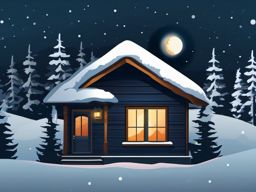 Moonlit snowy cabin sticker- Cozy and tranquil, , sticker vector art, minimalist design