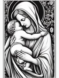 Madonna and Child ink: Tender portrayal of maternal love in Catholic art.  black white tattoo, white background