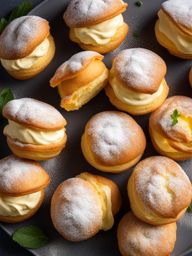 a platter of dainty cream puffs, filled with a delicate pastry cream and dusted with powdered sugar. 