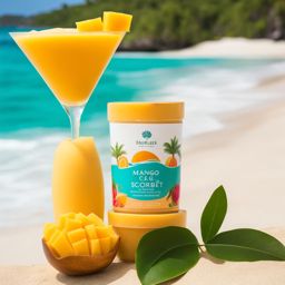 mango sorbet indulged on a tropical island beach with turquoise waters. 