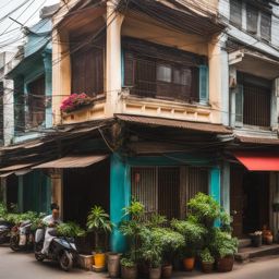 vietnamese tube houses, with narrow facades, populate the bustling streets of hanoi, vietnam. 