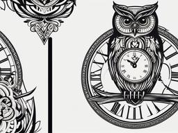 Clock Owl Tattoo - Symbolize time and wisdom with a clock and owl-themed tattoo.  simple color tattoo,vector style,white background