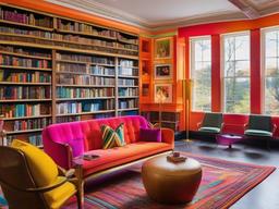 In the library room, psychedelic interior design incorporates vibrant book covers, colorful seating, and eye-catching decor that inspire reading and creativity in a whimsical setting.  