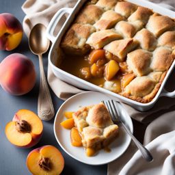 a warm and comforting peach cobbler, bubbling with juicy, cinnamon-spiced peaches. 