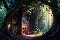enchanted forest office with towering tree-trunk bookshelves and ethereal lighting. 
