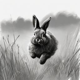 drawing of a fluffy bunny hopping in the grass  minimal rough sketch scribbles,doodles,black and white