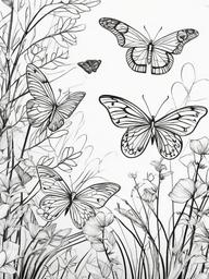 Butterflies in the Wind Coloring Pages - Flying Butterflies in a Breezy Scene  minimal black outline printable sheet, coloring page