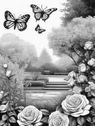 drawing of roses and butterflies in a garden  minimal rough sketch scribbles,doodles,black and white