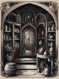 sinister witch's lair - illustrate the lair of a sinister witch, filled with potions, spellbooks, and mystical artifacts. 