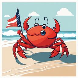 Crab clipart - crab holding a flag on the beach  color,minimalist,vector clipart