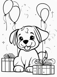 Puppy with Balloons and Gifts Coloring Pages - Celebratory Puppy with Presents  minimal black outline printable sheet, coloring page