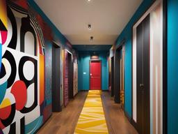 The hallway showcases Pop Art interior design through bold colors, graphic patterns, and an array of artwork, creating a dynamic and visually interesting passage.  