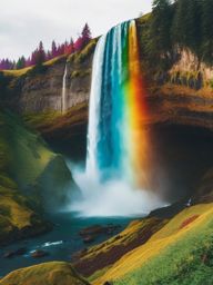 Rainbow over waterfall sticker- Colorful cascade, , sticker vector art, minimalist design