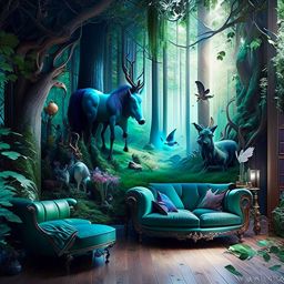 enchanted forest living room with mystical creatures in paintings and sculptures. 