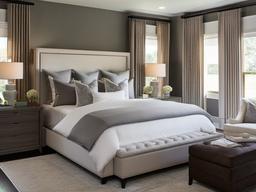 Transitional master bedroom blends modern and traditional elements with a neutral palette and practical layouts to make the most of the space.  