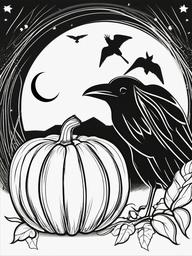 Pumpkin with Crow and Moon Coloring Pages - Crow and Full Moon Over a Pumpkin  minimal black outline printable sheet, coloring page