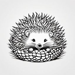 Hedgehog Tattoo - Adorable hedgehog curled up into a spiky ball  few color tattoo design, simple line art, design clean white background