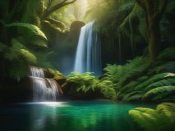 Pristine waterfall, framed by lush ferns and moss-covered rocks, cascades into a crystal-clear pool, inviting travelers to cool off in its refreshing embrace. hyperrealistic, intricately detailed, color depth,splash art, concept art, mid shot, sharp focus, dramatic, 2/3 face angle, side light, colorful background