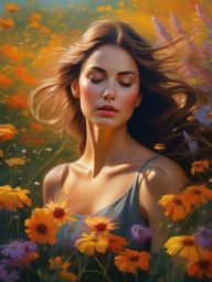Gentle breeze rustles through field of wildflowers, carrying with it fragrant scents of nature and sense of calm that envelops soul. hyperrealistic, intricately detailed, color depth,splash art, concept art, mid shot, sharp focus, dramatic, 2/3 face angle, side light, colorful background