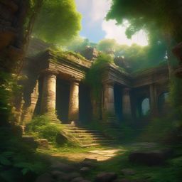 Ancient ruins of a forgotten temple, now overgrown with lush greenery, echo with the whispers of history, a place where time stands still. hyperrealistic, intricately detailed, color depth,splash art, concept art, mid shot, sharp focus, dramatic, 2/3 face angle, side light, colorful background