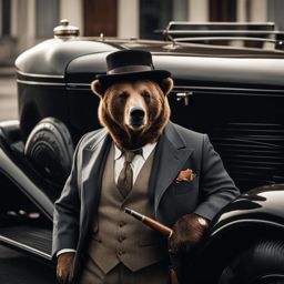 a large, angry, and scary gangster grizzly bear from the 1930s wearing a mobster's suit and mobster's hat and sunglasses is smoking a cigar while holding a tommy gun leaning against an old school 1930s mobster's car, photo realistic, hyper-realism, ultra hyper realistic photo realism, professional photography, 1930s large, scary, and scary grizzly bear dressed as a gangster